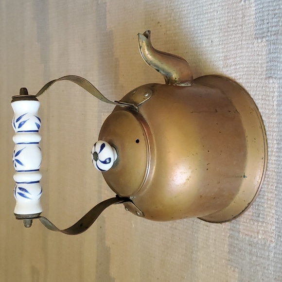 Source Unknown Other - Vintage Cooper and Brass Teakettle/Pot with White Ceramic Handle